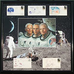 The background image was composited from actual NASA photos of the Apollo 11 mission,then printed & cut into the mat for the collector envelopes and Image of the astronauts.